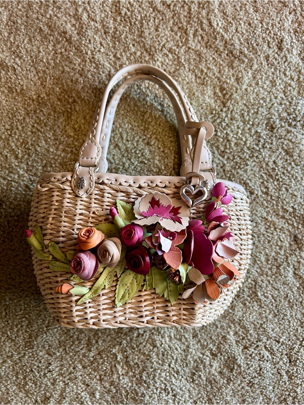 Brighton Cream Woven Tote with Pink, Green & Orange Floral Appliqués